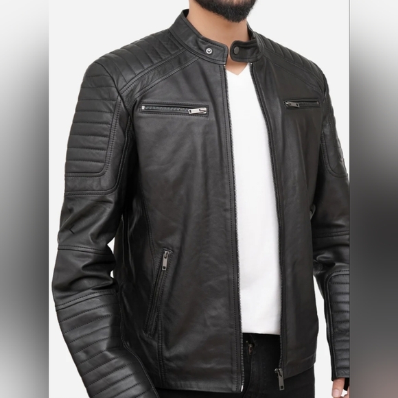 Men’s Black Leather Crew Neck Biker Jacket - Picture 4 of 13